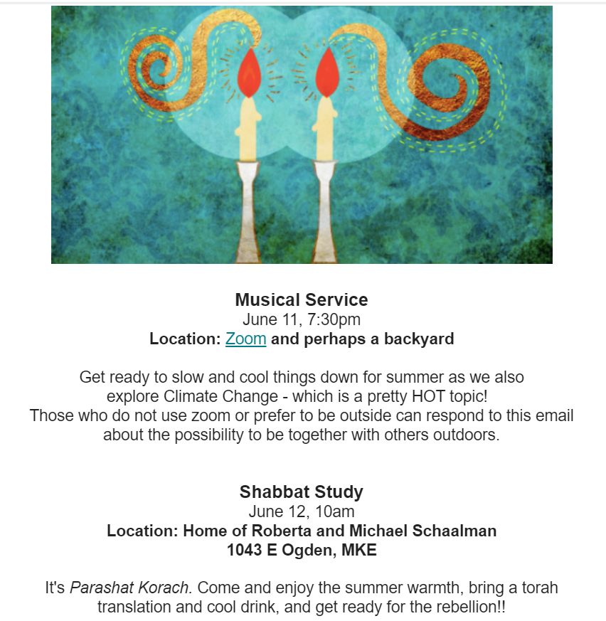 Musical Service June 11 Shabbat study June 12